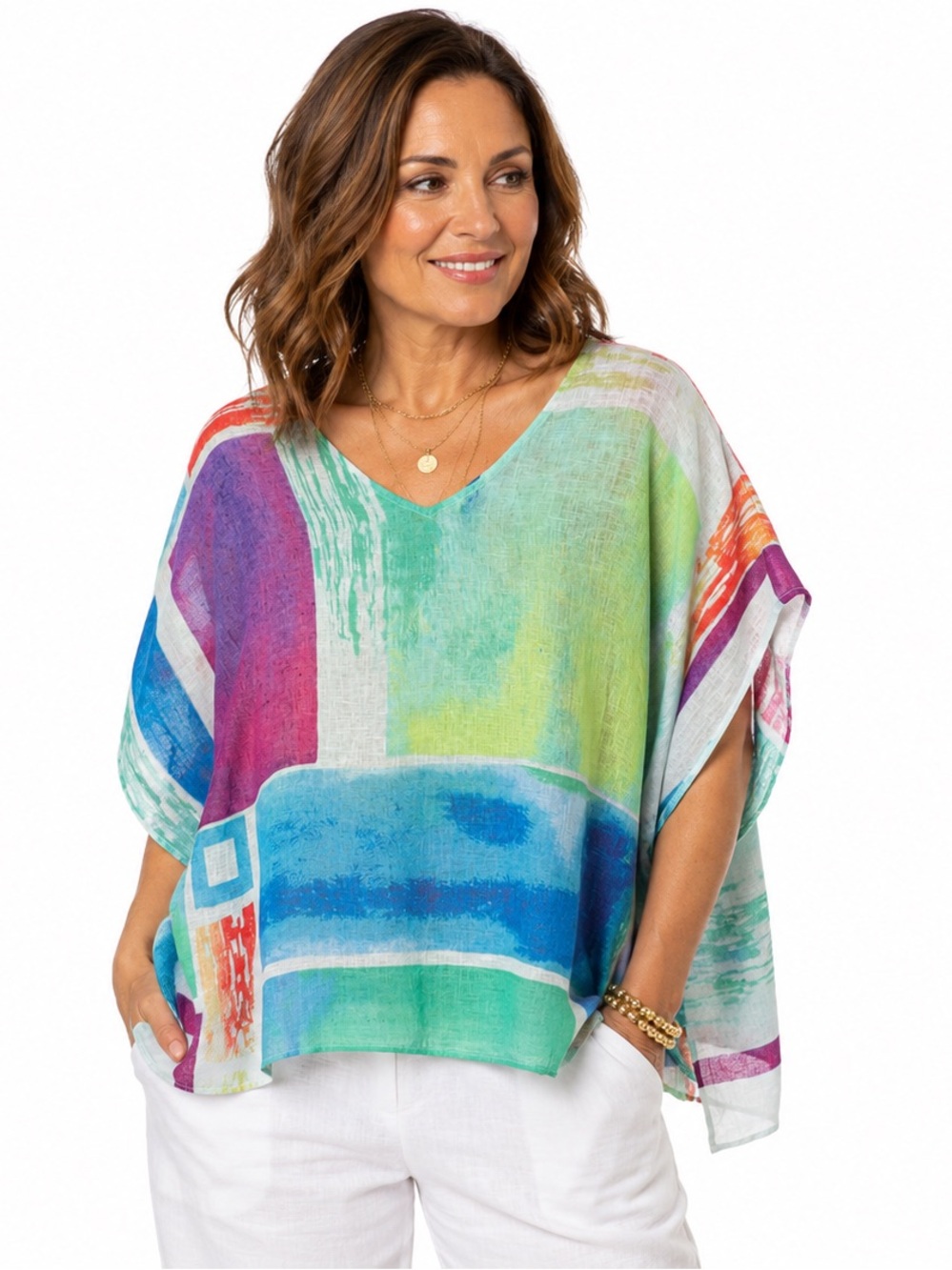 Chico’s 100% Linen Abstract Art Poncho Top L/XL Coastal Artsy Boho